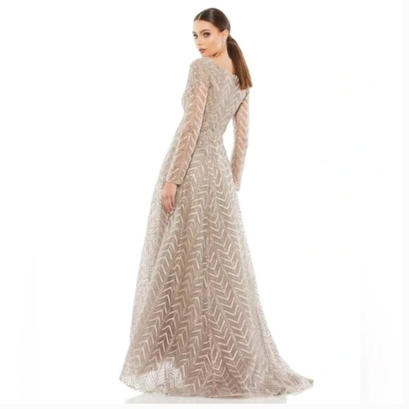 Mac Duggal Embellished Illusion 18 Long Sleeve Taupe A-line Gown Sparkly Taupe - Picture 2 of 7